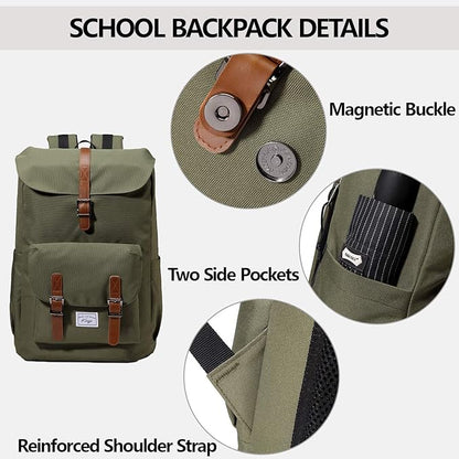 Kasqo Backpack for Men and Women, 15.6 Inch Laptop Backpack Large Capacity Water Resistant Drawstring Flap Bag, Green