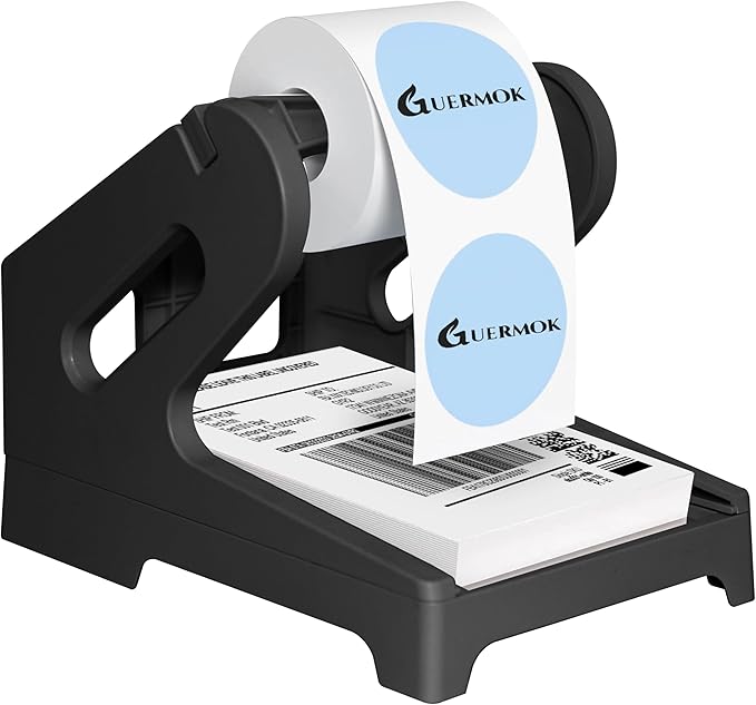 Guermok Thermal Shipping Label Holder for Rolls & Fan-Fold, Fragile Stickers for Shipping, Label Stand Desktop Printer Holder-Home Office Accessory-Sticker Dispenser for Holographic (Black)