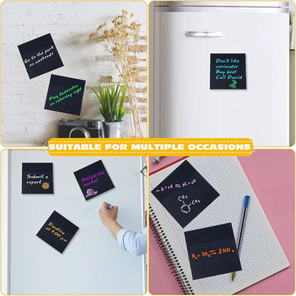 Black Sticky Notes, 3"x3" Post It Notes with 2 Metallic Pens, 6 Pads, Self-Stick Notes Pads Sticky Notes Bulk for School Home Hospital Office Supplies