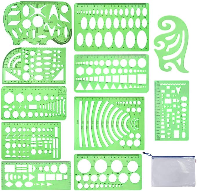 11 Pieces Geometric Drawings Templates Stencils Plastic Measuring Template Rulers Clear Green Shape Template for Drawing Engineering Drafting Building School Office Supplies