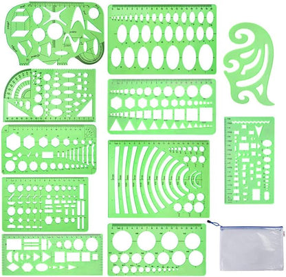 11 Pieces Geometric Drawings Templates Stencils Plastic Measuring Template Rulers Clear Green Shape Template for Drawing Engineering Drafting Building School Office Supplies