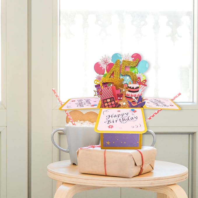 Asmallgf 45th Birthday Pop Up Card Idea, Printed on Recyclable 300gsm Linen Cardstock, Size 3.1x3.1x7.1 Inches, Includes Envelope and Note