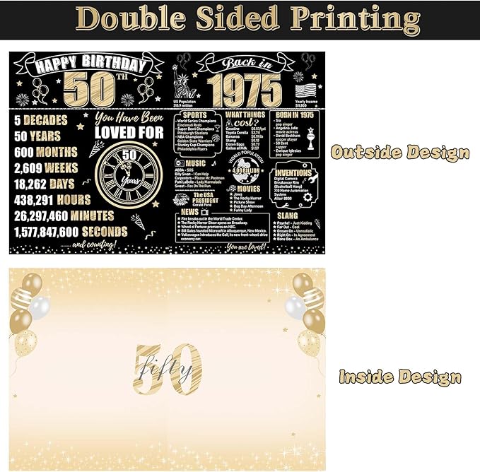 Large 50th Birthday Card With Envelope for Men Women, 1975 Black Gold Happy 50th Birthday Giant Guest Signature Book Gifts, Big Vintage 1975 50th Greeting Card Decoration Party Supplies