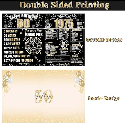 Large 50th Birthday Card With Envelope for Men Women, 1975 Black Gold Happy 50th Birthday Giant Guest Signature Book Gifts, Big Vintage 1975 50th Greeting Card Decoration Party Supplies