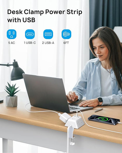 Desk Clamp Power Strip, Surge Protector with 5 AC Outlets and 3 USB Ports, Desk Mount Charging Station, Fit 1.97in Tabletop Edge Thick, 6FT Extension Cord, for Home Office Gaming Accessories