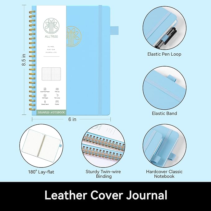 Alltree Large Graph Notebook Journal for Work, Engineering Paper Notebook, Leather Hardcover Spiral Notebook with Pen Loop, Pocket, Stickers, 160 Pages, Journal for Women & Men, Sky Blue(6"x8.5")