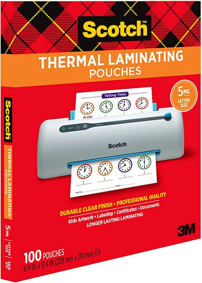 Scotch Thermal Laminating Pouches, 100 Count, Clear, 5 mil., Laminate Business Cards, Banners and Essays, Ideal Office or School Supplies, Fits Letter Sized Paper (8.9 in. × 11.4 in.)