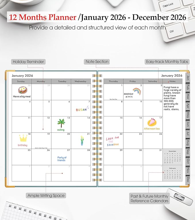 2026 Planner, Weekly and Monthly Calendar Planner from January 2026 - December 2026, 5.75" x 8.38" Hardcover Leather Hourly Appointment Book with Tabs, A5 Spiral Daily Planners for College School Work Home, Blue