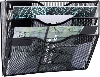 EASEPRES 3 Pocket Mesh Hanging Wall File Organizer, Wall Mounted Mail Paper Document Folder Holder, Clipboard Storage Organization Magazine Rack with Nametag Label for Office Home School, Black