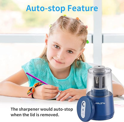 JARLINK Electric Pencil Sharpener, Heavy-Duty Helical Blade to Fast Sharpen, Auto Stop for No.2/Colored Pencils(6-8mm), USB/Battery Operated in School Classroom/Office/Home (Blue)