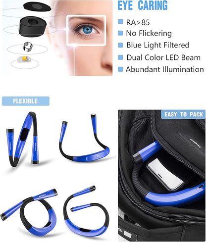 Glocusent Book Light, 3-Color & 6-Brightness Reading Light, Bendable Neck Light, 80-hr Lasting Rechargeable Lamp, Perfect Book Light for Reading in Bed, Knitting, Camping, Repairing, Book Lovers Gifts