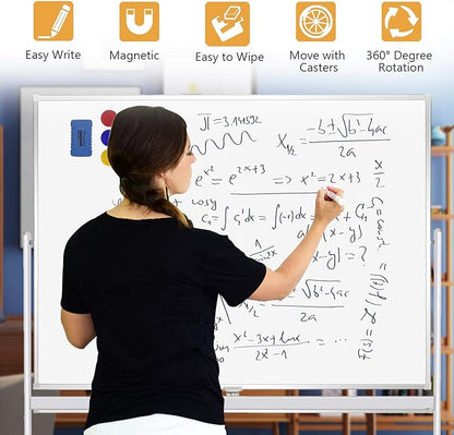 H-Qprobd Rolling Whiteboard with Stand 48"x36" Double-Sided Mobile Magnetic Dry Erase Board on Wheels for Home, Office & School