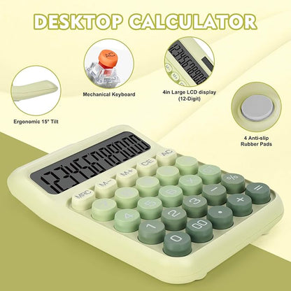 Mechanical Switch Calculator with Big Buttons, Calculators Desktop, 12 Digits, Solar Battery Power, Desk Calculator, Large LCD Display, Cute Green Calculator for Teachers Students Basic Office