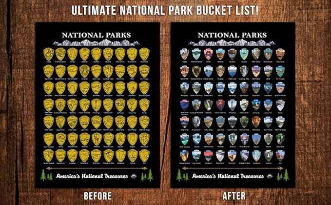 Bright Standards National Parks Scratch Off Map of United States Poster, ALL 63 National Parks Map, US Travel Maps, USA Gifts for Travelers Road Trip Adventure, Fits 12”x16” frame (Black/Gold)