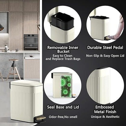 Small Bathroom Trash Can with Lid Soft Close-6L/1.6 Gal Slim Step Garbage Can-Metal Pedal Wastebasket-Narrow Rectangle Garbage Container Bin for Corner Office, Bedroom, Toilet, Live Room-Beige