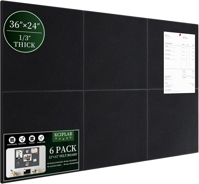 Large Cork Bulletin Board for Wall 36"x24", 6 Pack Felt Wall Tiles with 50 Pushpins, 30 Safe Removable Adhesive Tabs, Decorative Pin Board Tack Board for Office Home School, Black