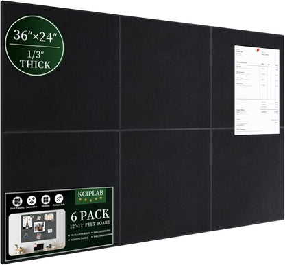 Large Cork Bulletin Board for Wall 36"x24", 6 Pack Felt Wall Tiles with 50 Pushpins, 30 Safe Removable Adhesive Tabs, Decorative Pin Board Tack Board for Office Home School, Black