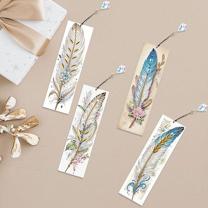 4-Piece 5D Diamond Painting Bookmarks Set, DIY Craft Kit with Rhinestones – Elegant Vintage Style Feather Design, Perfect for Book Lovers Adults, Unique Diamond Art Craft Bookmarks with Tassels
