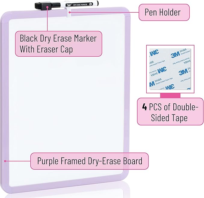 Mr. Pen- Dry Erase Board, 14” x 11” with a Black Dry Erase Marker, Purple Frame, Small White Board Dry Erase, Dry Erase Board Small Dry Erase Board, Small Whiteboard