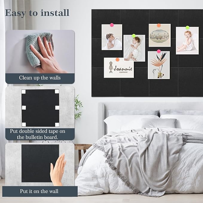 Bulletin Board 48 x 36, Black Cork Board Alternative for Office, 12 Count Felt Wall Tiles with Removable Adhesive Tabs, Square Pin Board Tack Board with 30 Pushpins(Black)