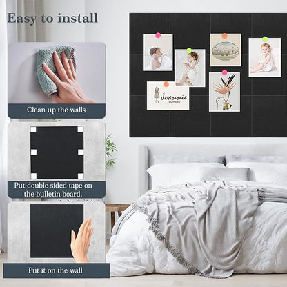 Bulletin Board 48 x 36, Black Cork Board Alternative for Office, 12 Count Felt Wall Tiles with Removable Adhesive Tabs, Square Pin Board Tack Board with 30 Pushpins(Black)