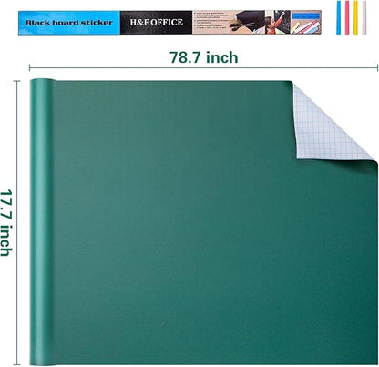 Chalkboard Wallpaper Stick and Peel: Green Contact Paper Classroom Chalkboard Stickers Chalk Board Paint Self Adhesive Wall Paper with 8 Colorful Chalks (35.4 X 78.7 Inches)
