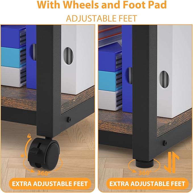 Under Desk Printer Stand, 2-Tier 19.5''x 16''x 22'' Rolling Printer Stand Storage Shelves for Printer, Scanner, Fax Machine, Files, Books with Anti-Skid Feet for Home, Office, Brown
