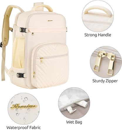 Travel Backpack for Women, Carry On Backpack for Airplanes Flight Approved, Waterproof Large Weekender Overnight Bag Fit 17 Inch Laptop with USB Charging Port, Beige