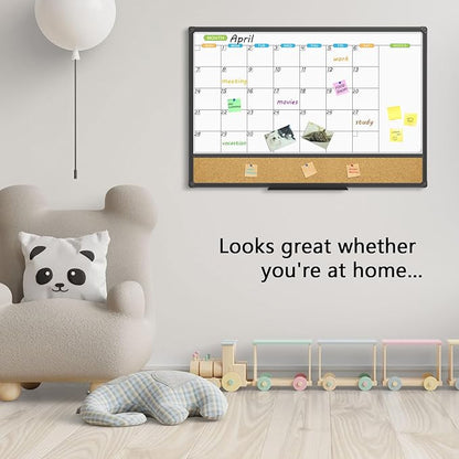 JILoffice Magnetic Calendar Whiteboard & Bulletin Corkboard Combination, Combo Board 36 x 24 Inch, Black Aluminum Frame Wall Mounted Board for Office Home and School with 10 Push Pins