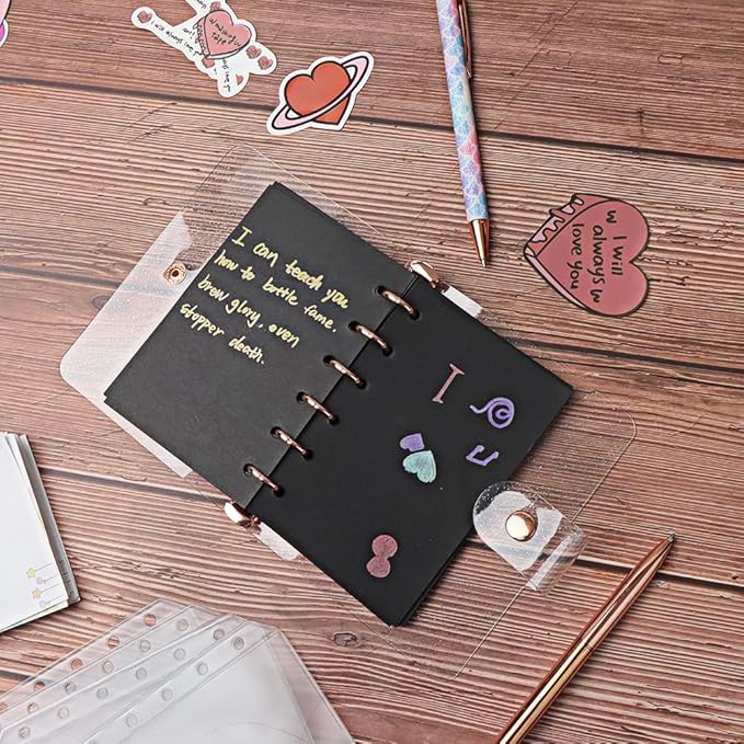 Glitter Powder PVC Binder Cover 6 Round Ring Binders Snap Button Closure Loose Leaf Folders Refillable Soft PVC Notebook Shell Protector (Rose Gold 6 Rings, A7 Binder)