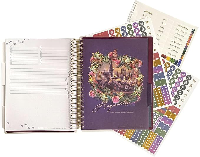 Paper House Productions Harry Potter 12 Month Undated 9.5" Planner with Month and Event Flag Stickers - Floral Hogwarts Crest