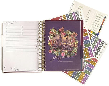 Paper House Productions Harry Potter 12 Month Undated 9.5" Planner with Month and Event Flag Stickers - Floral Hogwarts Crest