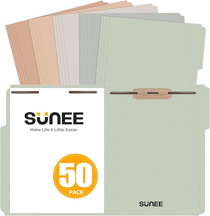 SUNEE File Folders with Fasteners, Manila Folders Letter Size, 2 Reinforced Fasteners, 1/3-Cut Tab, Pastel Color, 50 Pack, Keep Organized for Your Office Documents School Files
