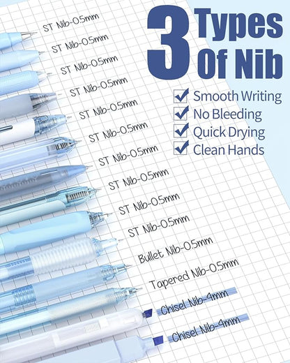 Four Candies 14Pack Pastel Gel Ink Pen Set,Cute Retractable 0.5mm Fine Point Pen,Note Taking Aesthetic Pens,12 Pack Black Ink Pens with 2Pack Highlighter, Smooth Writing Pens for School, Office (Blue)