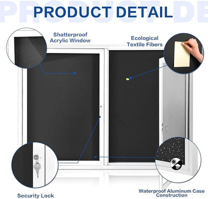 SWANCROWN Weather Resistant Enclosed Bulletin Board Felt Displays Boards Wall Mounted Notice Case with 2 Swing-Open Locking Doors, Black Felt, 48x34 inches