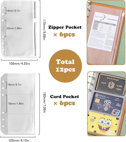12PCS A6 Size Binder Pockets, Zipper Binder Pocket, 3-Pockets Storing Bag, Two Types, Clear 6-Hole Binder Zipper Folders, Waterproof PVC Zipper Loose Leaf Bags for Home Office School Supplies