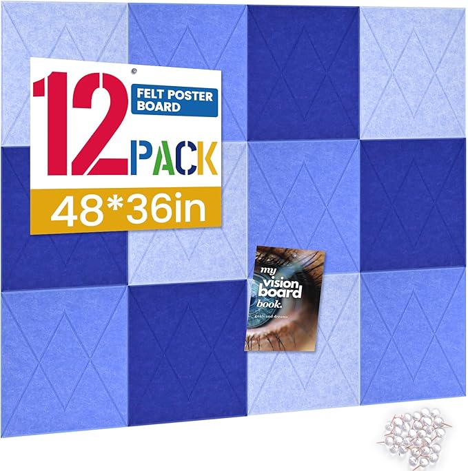 Large Cork Board for Walls with 30 Push Pins-48"X36", Easy to Peel&Stick Vision Bulletin Board Tiles, Black Poster Felt Board Supplies Set Home Office Classroom Corkboard Decor Self Adhesive