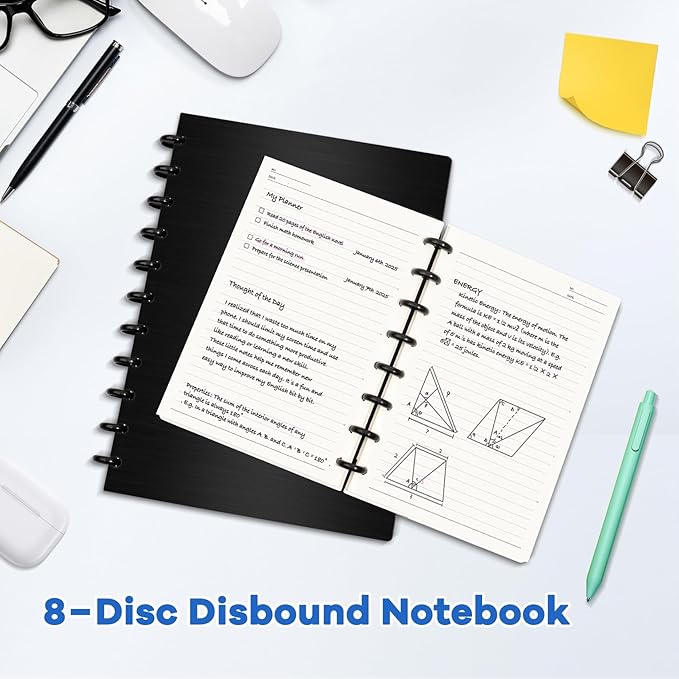 Discbound Notebook, 8-Disc Disbound Planner with Removable Pages, 180 Pages Spiral Notebook, Poly Cover Discbound Planner for Work, Travel, Note Taking(With Index Sticker),Black, A4