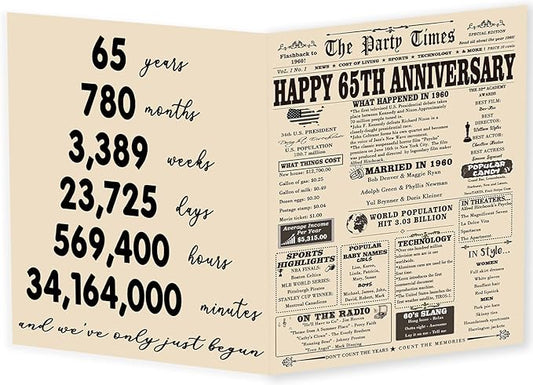 YiKaLus Great 65th Wedding Anniversary Card for Husband Wife, Big 65 Years Aday Gifts for Women Men, 1960 Anniversary Decorations for Mom Dad