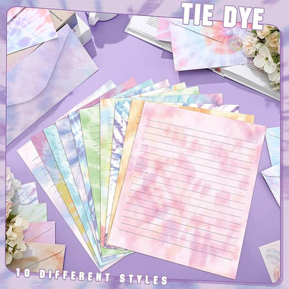 TaoBary 160 Packs Stationery Paper Set (50 Double Sided Stationery Writing Papers 50 Matching Envelopes) 60 Round Dot Sticker, 10 Design (8.5 x 11 Inch,Tie Dye)