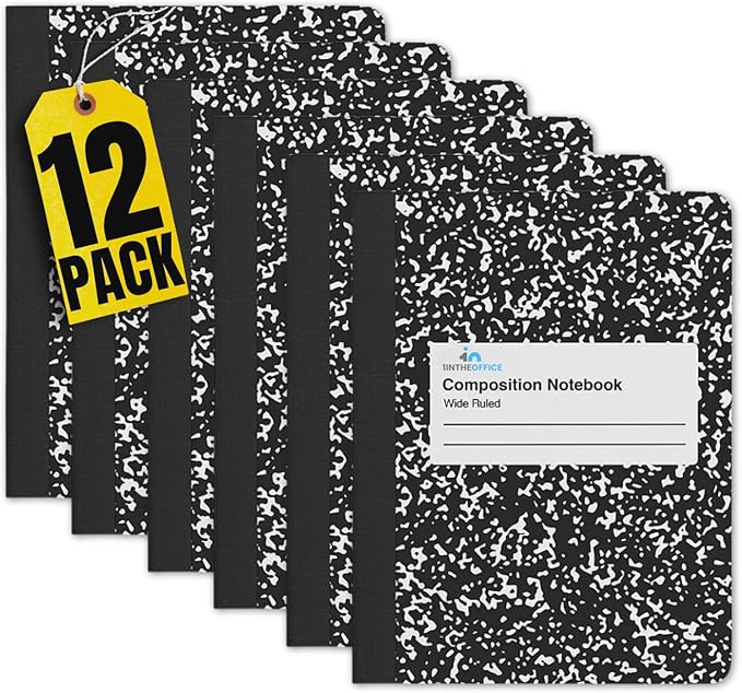 1InTheOffice Marble Composition Notebook, Wide Ruled Composition Notebook, 9.75" x 7.5", Black Marble Cover, 100 Sheets/Pack (12)