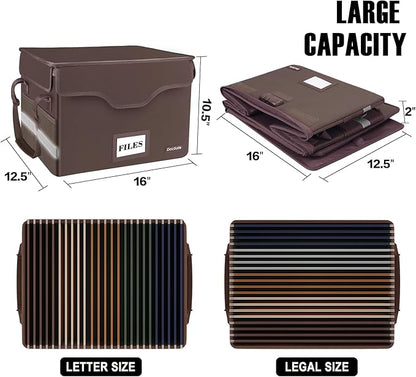 DocSafe File Box Fireproof Document Box with Lock, File Storage Organizer Box with Pockets,Collapsible Portable File Box Home Office File Cabinet with Handle for Hanging Letter/Legal Folder,Brown