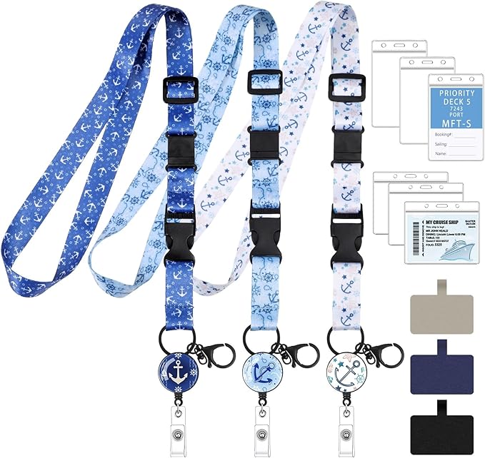 BESARME 3 Pack Retractable Cruise Lanyards, Adjustable Lanyards for Cruise Ship Cards with Badge Reel Holder, 6 Pack Waterproof ID Badge Holder and 3 Pack Phone Tether Tab, Style B