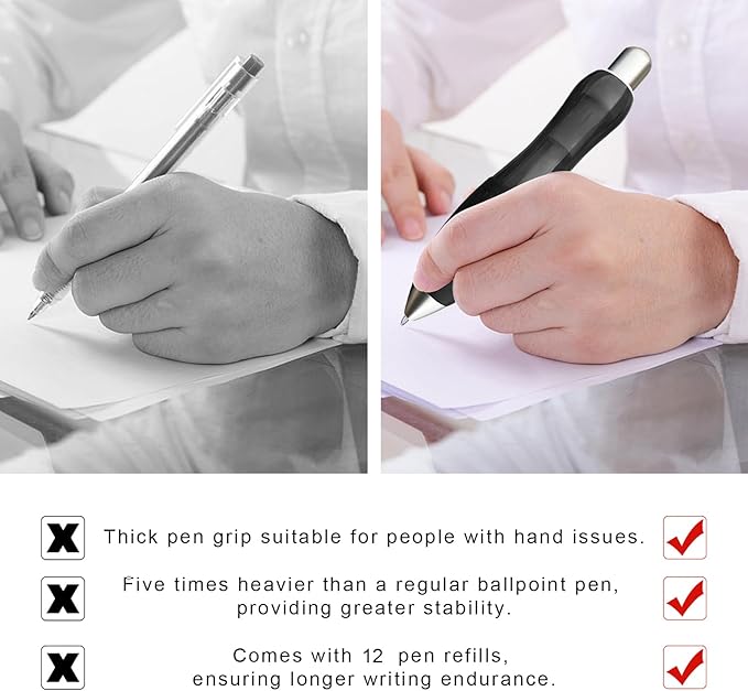 14pcs Big Fat Pens Aids Writing For Tremor, Arthritis, Parkinson, Handicap, Carpal Tunnel Large Wide Grip Pens Black (2 Pens + 6 Black Refills + 6 Blue Refills)
