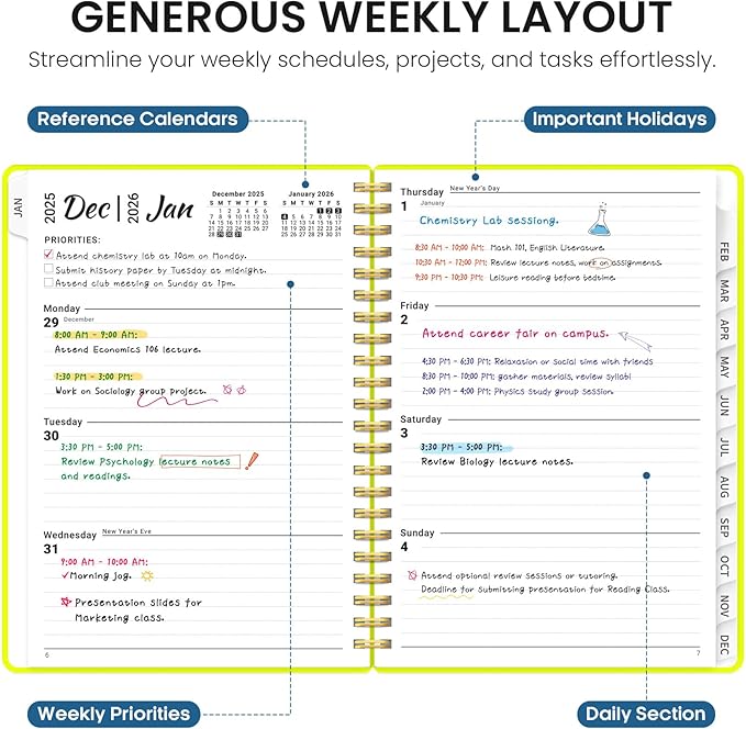 2026 Planner, Weekly and Monthly Calender Planner, Jan 2026 to Dec 2026, Hardcover 2026 Calendar Planner Book with Tabs & Inner Pocket, Office Home School Supplies for Women & Men - A5 (6.3" x 8.5"), Lemon Yellow