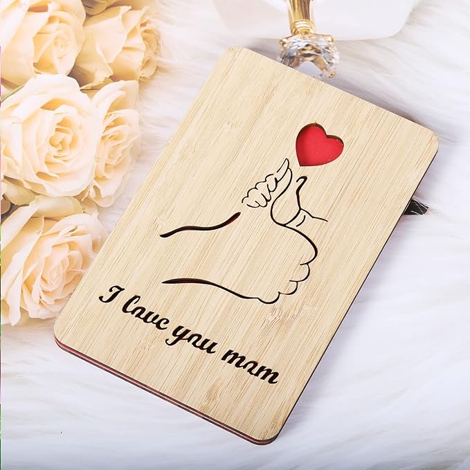 Wood Christmas Greeting Card for Mom,I Love You Mom Birthday Card,Handmade Bamboo Gift for Mom/Her/Wife