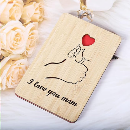 Wood Christmas Greeting Card for Mom,I Love You Mom Birthday Card,Handmade Bamboo Gift for Mom/Her/Wife