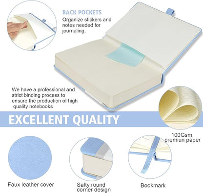 Lined Journal Notebook, 360 Numbered Pages(With page number), Thick Journal for Writing A5 College Ruled Notebook, 100gsm Lined Paper, Leather Hardcover, 5.75'' X 8.38''-1 Pack, Sky Blue