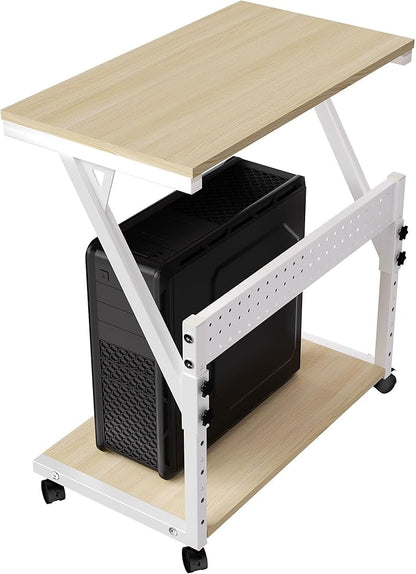 Computer Tower Cart - Height Adjustable PC Stand, 2-Tier ATX-Case CPU Holder Home Office Gaming Desk Accessories with Rolling Lockable Wheels, Laptop Table Standing Computer Desk, Natural White