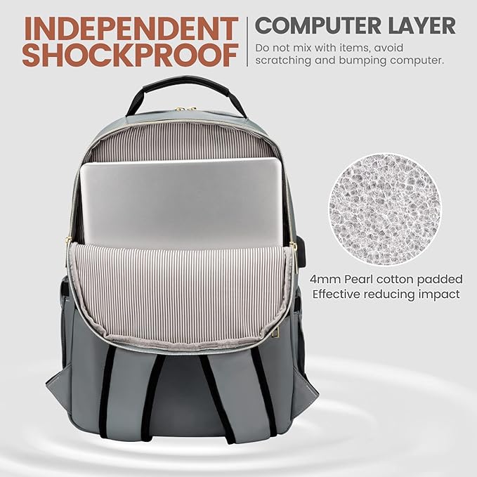 LOVEVOOK Laptop Backpack for Women 15.6 inch,Cute Womens Travel Backpack Purse,Professional Laptop Computer Bag,Waterproof Work Business College Teacher Bags Carry on Backpack with USB Port,Grey